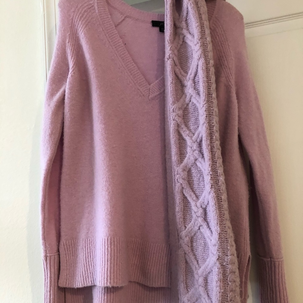 J. Crew pink orchid v-neck wool blend sweater and matching scarf
